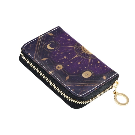 PU Leather Zip Card Holder Women's Card Case Zipper Card Case Compact & Lightweight Purple Celestial Octagon Pattern