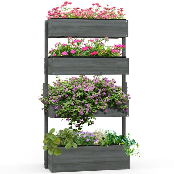 Vertical Garden Planter, Wooden 4 Tier Planter Box, Self-Draining with Non-Woven Fabric for Outdoor Flowers, Vegetables and Herbs, Gray