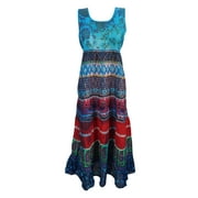 Mogul Women's Long Dress Blue Printed Cotton Comfy Tie Back Sleeveless Evening Dresses