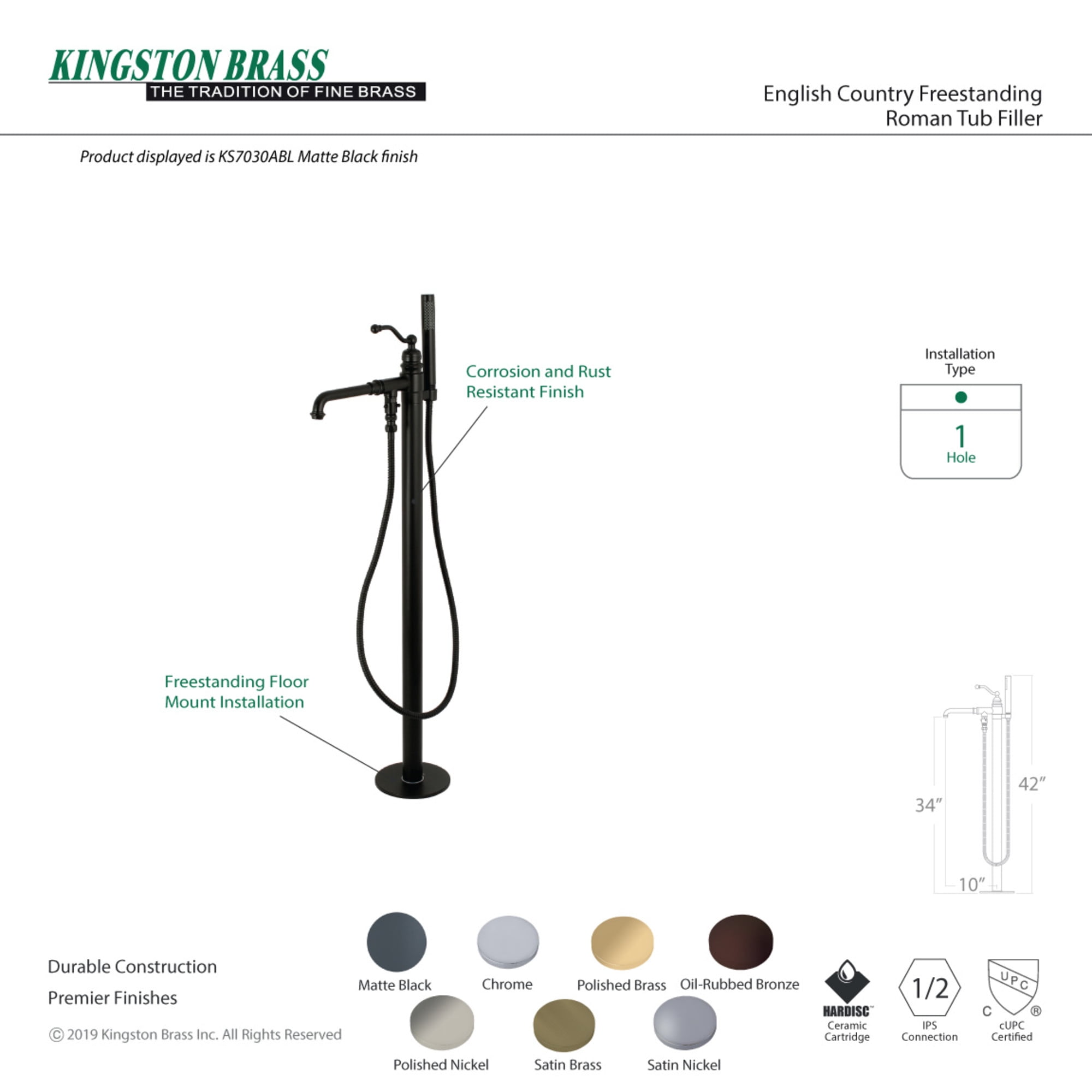 Kingston Brass KS7032ABL English Country Freestanding Tub Faucet with Hand Shower, Polished Brass