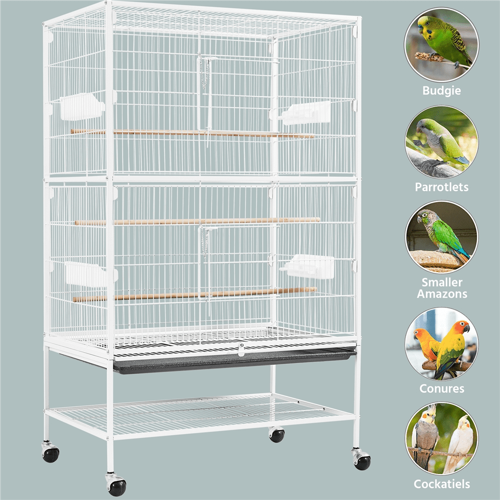 Alden Design 52″ H Rolling Metal Parrot Cage with 3 Perches & 4 Feeders & Extra Storage Shelf, White
