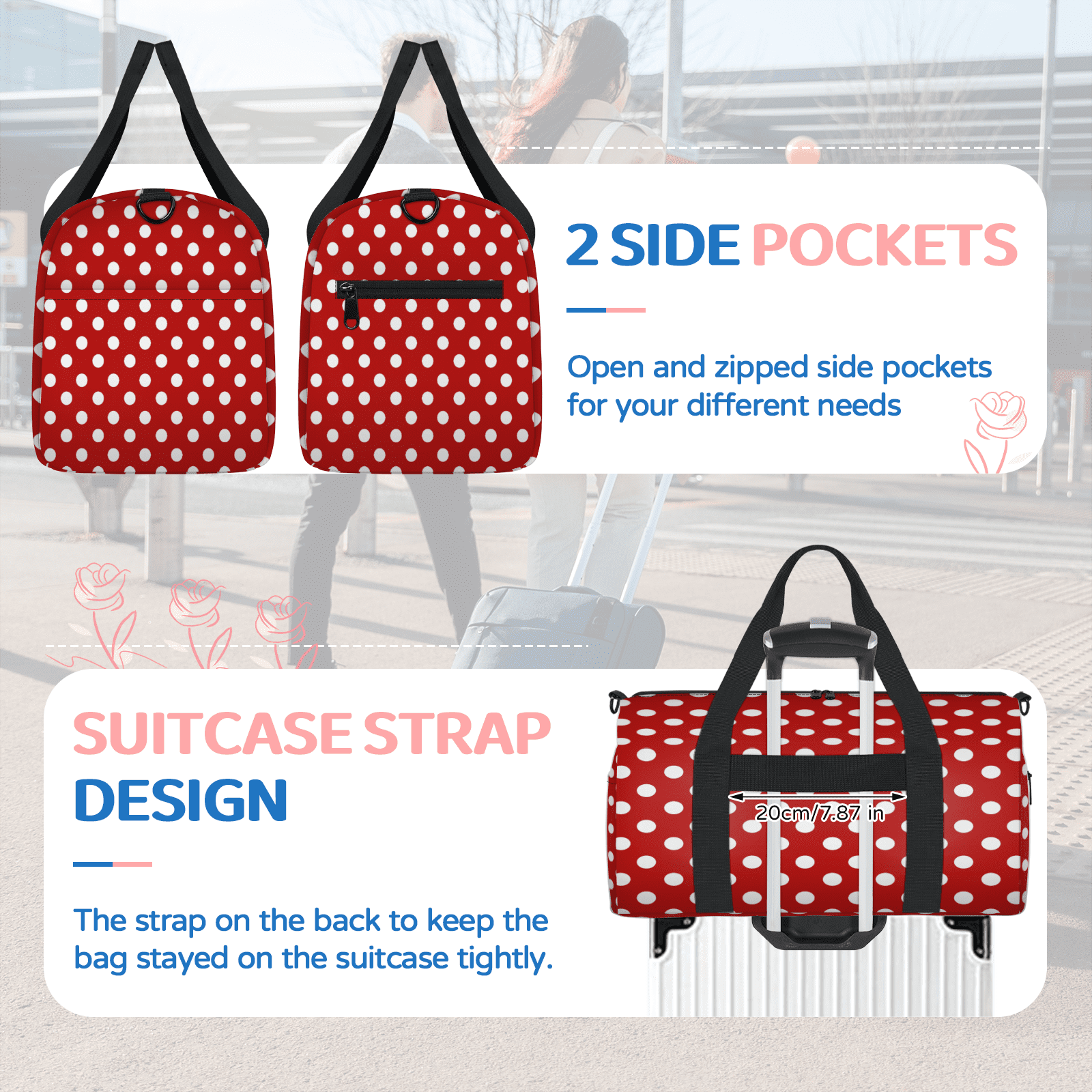 Herdesigns Red Polka Dot Travel Duffle Bag Sports Yoga Weekender Overnight Carry on Workout Bags Lightweight Waterproof Gym Tote Bag for Women
