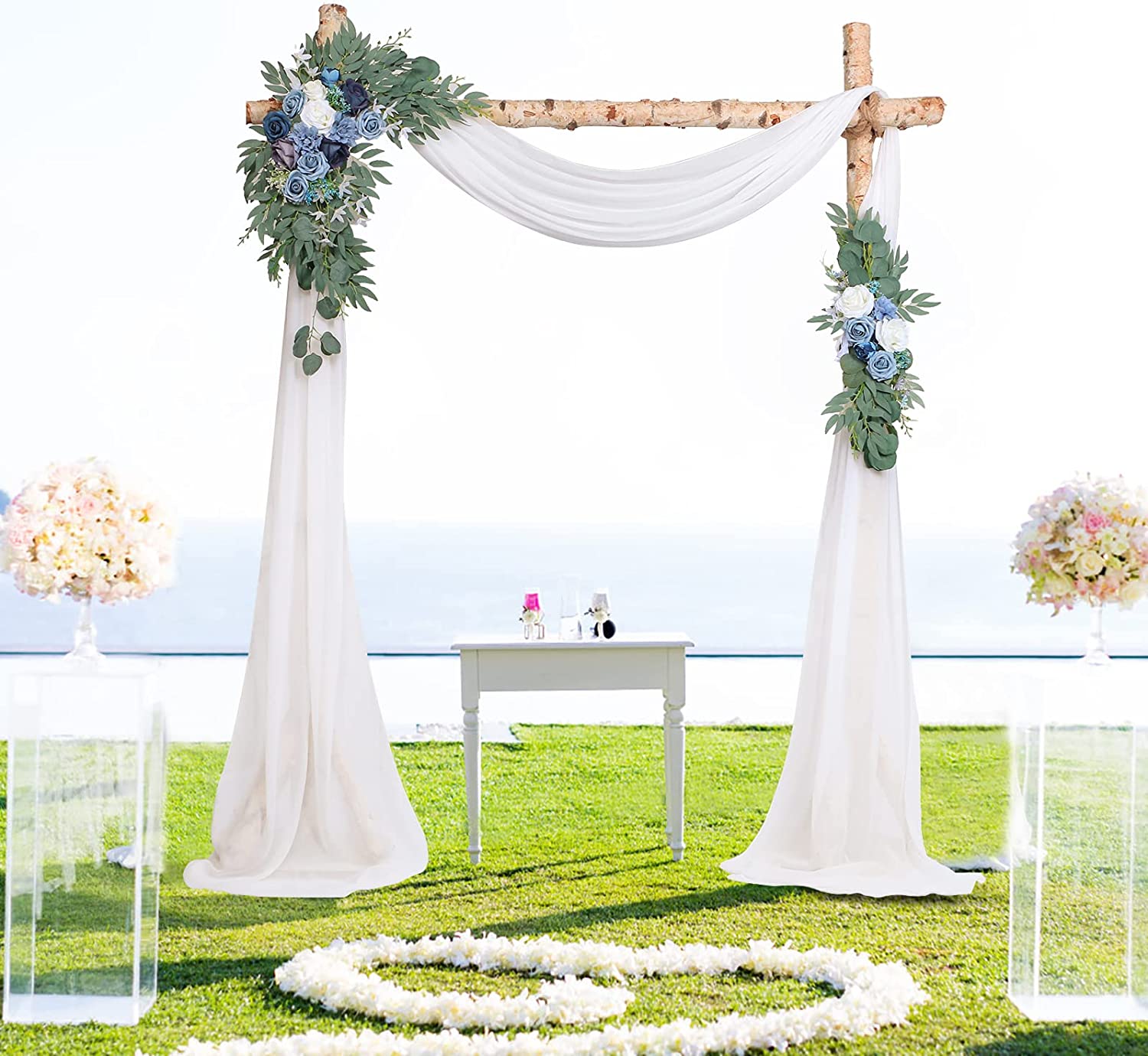 Dusty Blue Wedding Arch Flowers Kit (Pack of 3) with 26Ft White Arch