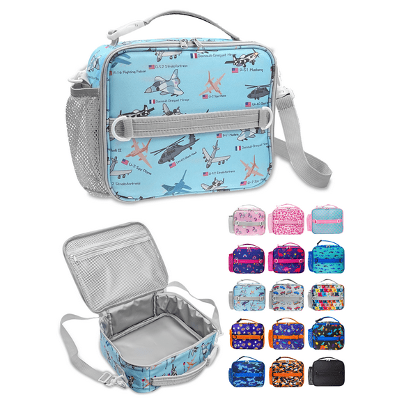 Bolsa de Almuerzo ComfiTime para Niños Lonchera Térmica Reutilizable con Bolsillos Portabotellas Asas Acolchadas y Correa para el Hombro Aviones de Guerra Grises
