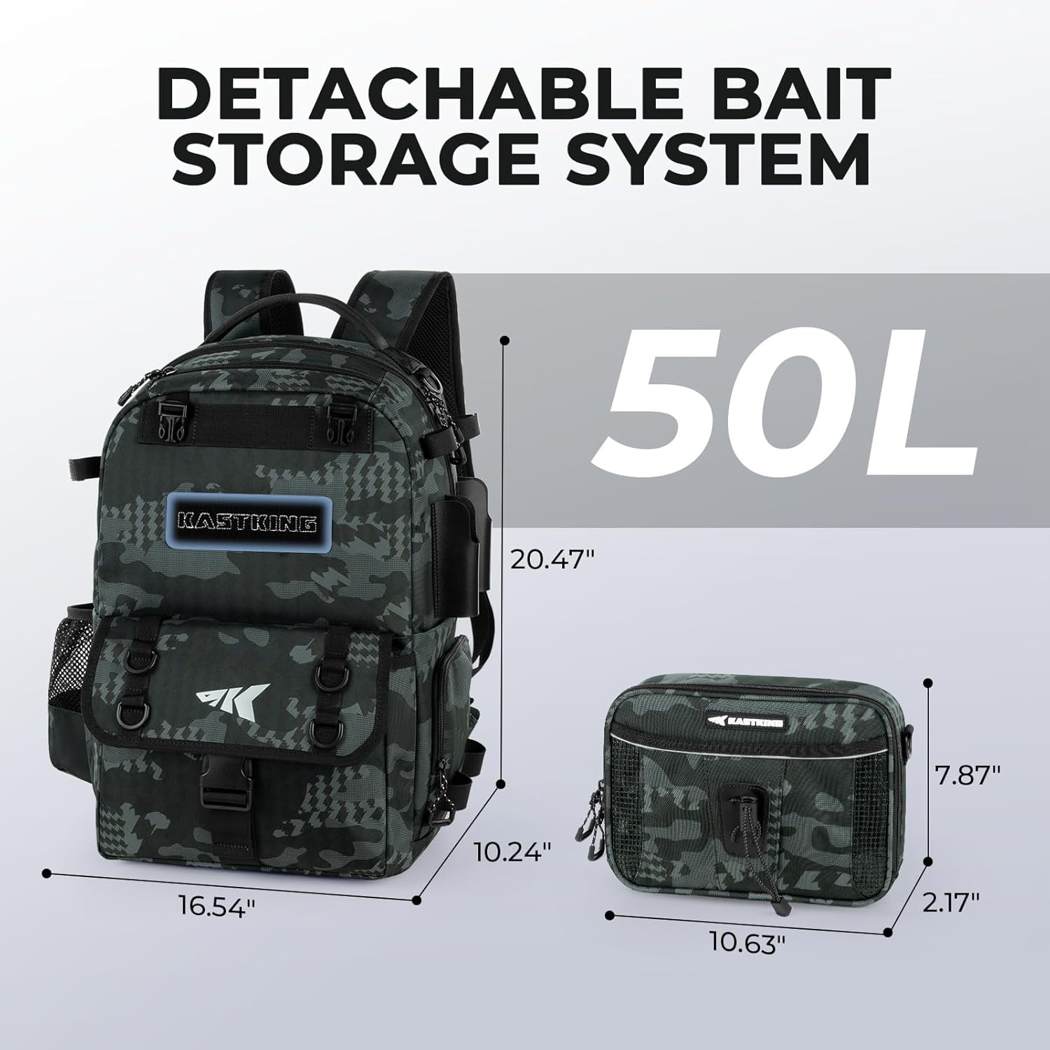 KastKing Fishing Tackle Backpack with Removable Bait Binder Rod Holders Storage Fishing Gear- BaitSpace-50L