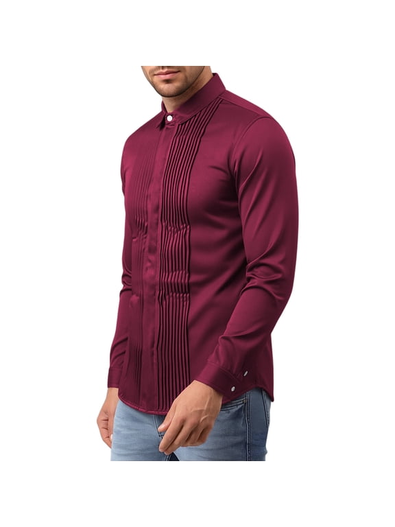 Mens Long Sleeve Collared Vertical Pleated Front Full Button Woven Shirt, Slim Elegant Top for Formal Banquets & Date Nights Wine XXXXL