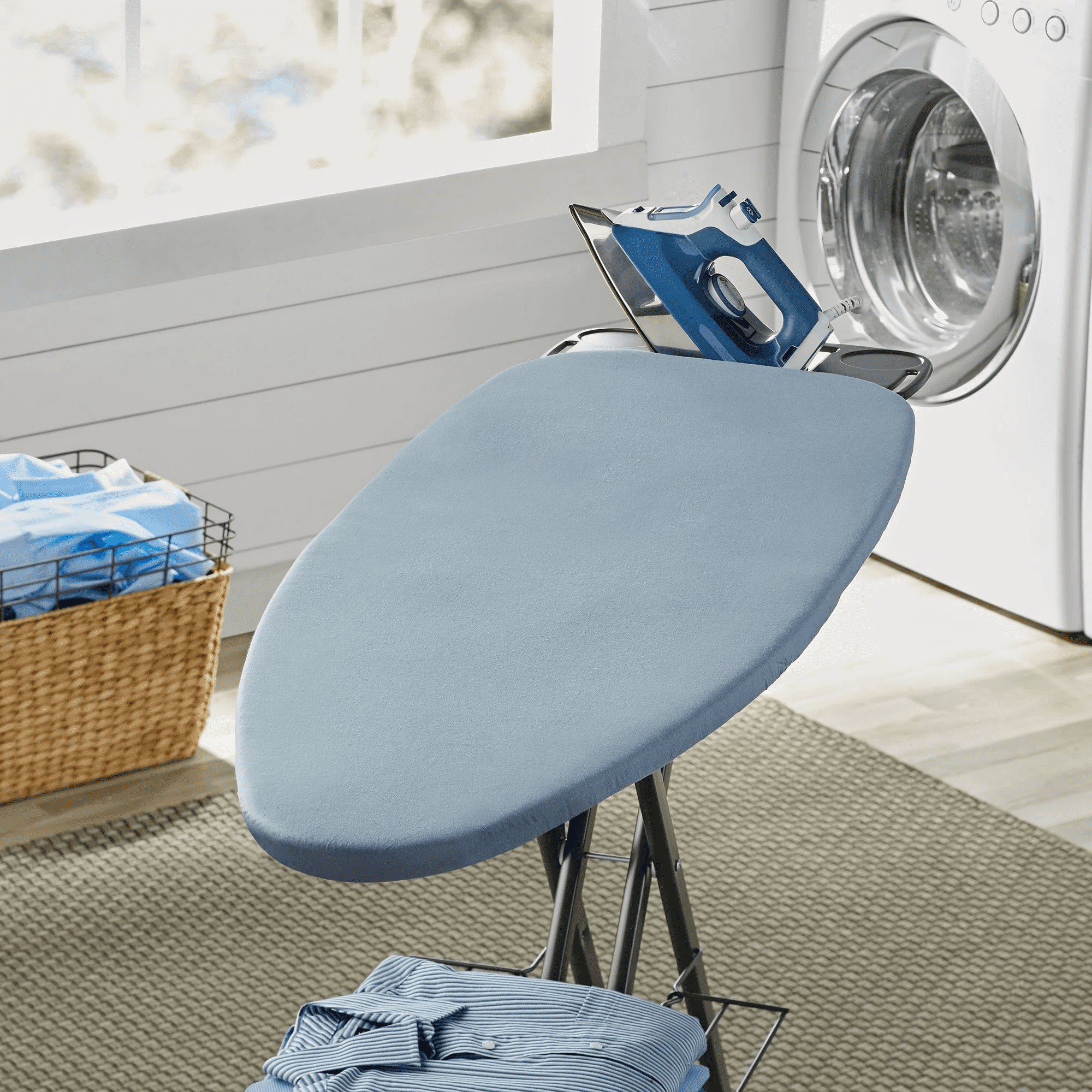 Better Homes & Gardens Ironing Board Cover-18x54, Cotton,Recycled Polyester Felt Padded, Reversible,Scorch Resistant, MulticolorDamask Blue/Gray Patern to Solid Blue,Cover Only-Boards Sold Separately