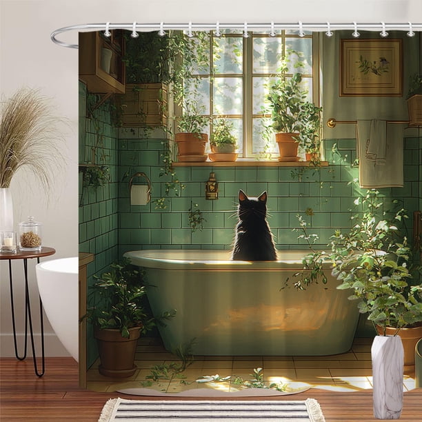 Cortina de ducha con diseño de gato negro y bañera verde, 180 x 200 cm, poliéster