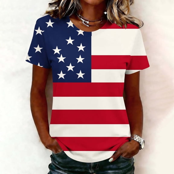 Vetsdori Women's American Shirts Short Sleeve Plus Size Summer Pullover Casual Red White and Blue , 4th of July Graphic Red White and Blue Crew Neck Tops for Women Independence Day
