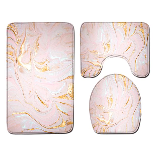 Billuyoard Juego de alfombrillas de baño antideslizantes de 3 piezas con contornos de mármol rosa dorado, fáciles de instalar e impermeables Juegos de accesorios de baño wfl230228-1
