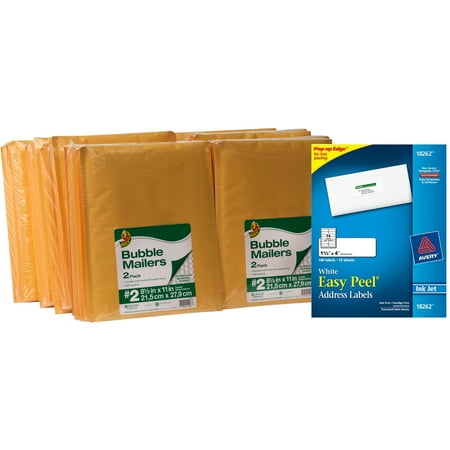 Duck Brand Kraft Bubble Mailers, Manila, 96-Count, 8.5" x 11" and Avery Easy Peel White Address Labels 18262, 1-1/3" x 4", Laser/Inkjet, 140pk Bundle