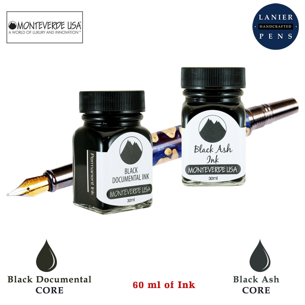 Monteverde 60ml Core Fountain Pen Ink Bottle (30ml Black Documental Ink Bottle G309DB, 30ml Black Ash Ink Bottle G309BA)