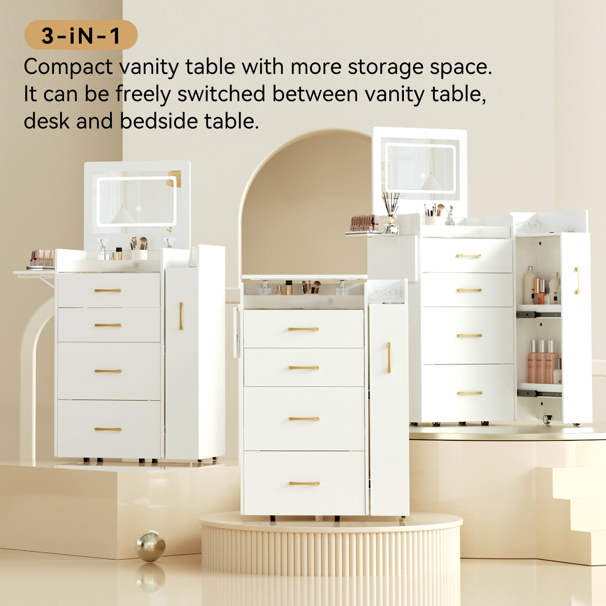 3 in 1 Vanity Desk with Plip Top Mirror and 3 Color LED Lighted, Small Vanity Desk with Power Outlet, Compact Makeup Vanity with 3 Drawers & Cabinet, Storage Stool,for Bedroom