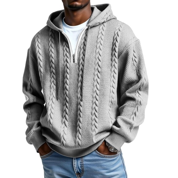 Quarter Zip Hoodie Men Cable Knit Zipper Hooded Long Sleeve Sweatshirt Men's Casual Solid Color Sweatshirts Gray L