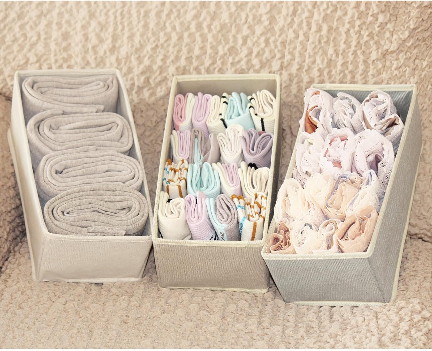 Dresser Drawer Organizer 3 Pack Raw White, Small Storage Bins for Socks Underwear, 4.8' Tall Fabric Divider for Closet & Drawer, Durable Breathable Multipurpose Drawer Organizer for Clothes
