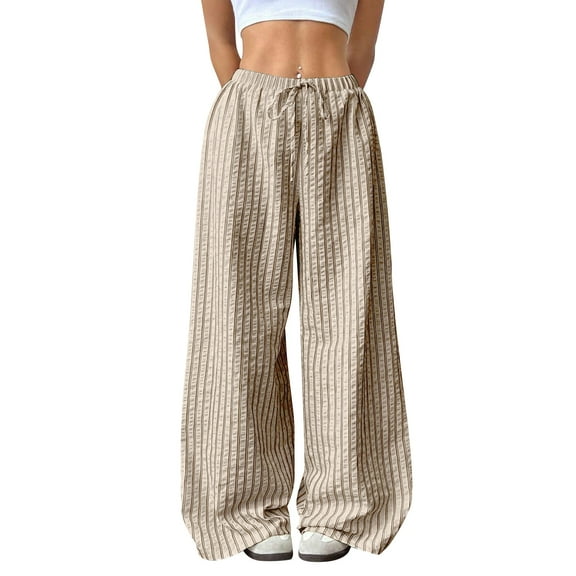 Womens Striped Pants Color Block Drawstring Pleated High Waist Trousers Loose Fit Casual Wide Leg Comfy Lounge Pants Brown S