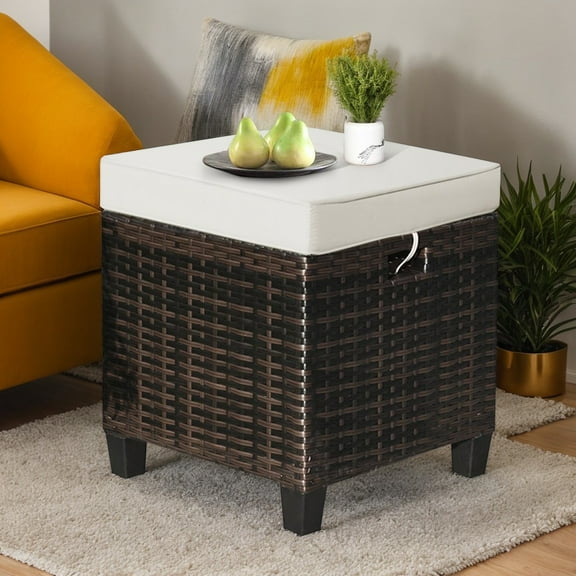 Resenkos 2 Pieces Patio Rattan Ottoman Set with Removable Cushions-Beige, All Weather Wicker Ottoman, Outdoor Patio Ottomans