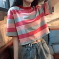 thumbnail image 4 of Ashyfjp Tops for Women Trendy, Womens Casual Color Block Wide Stripe Short Sleeve Crew Neck T-shirts for Daily Wear, M, 4 of 6