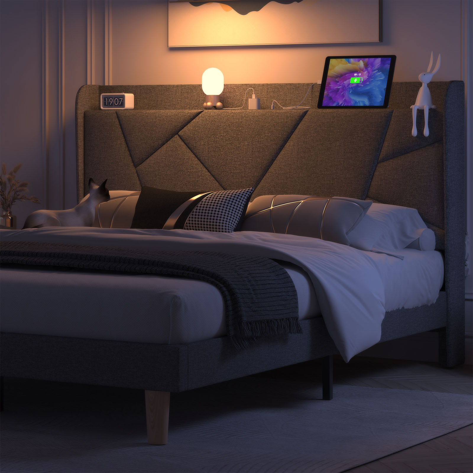 Nisien Queen Wingback Platform Bed With Charging photo 2