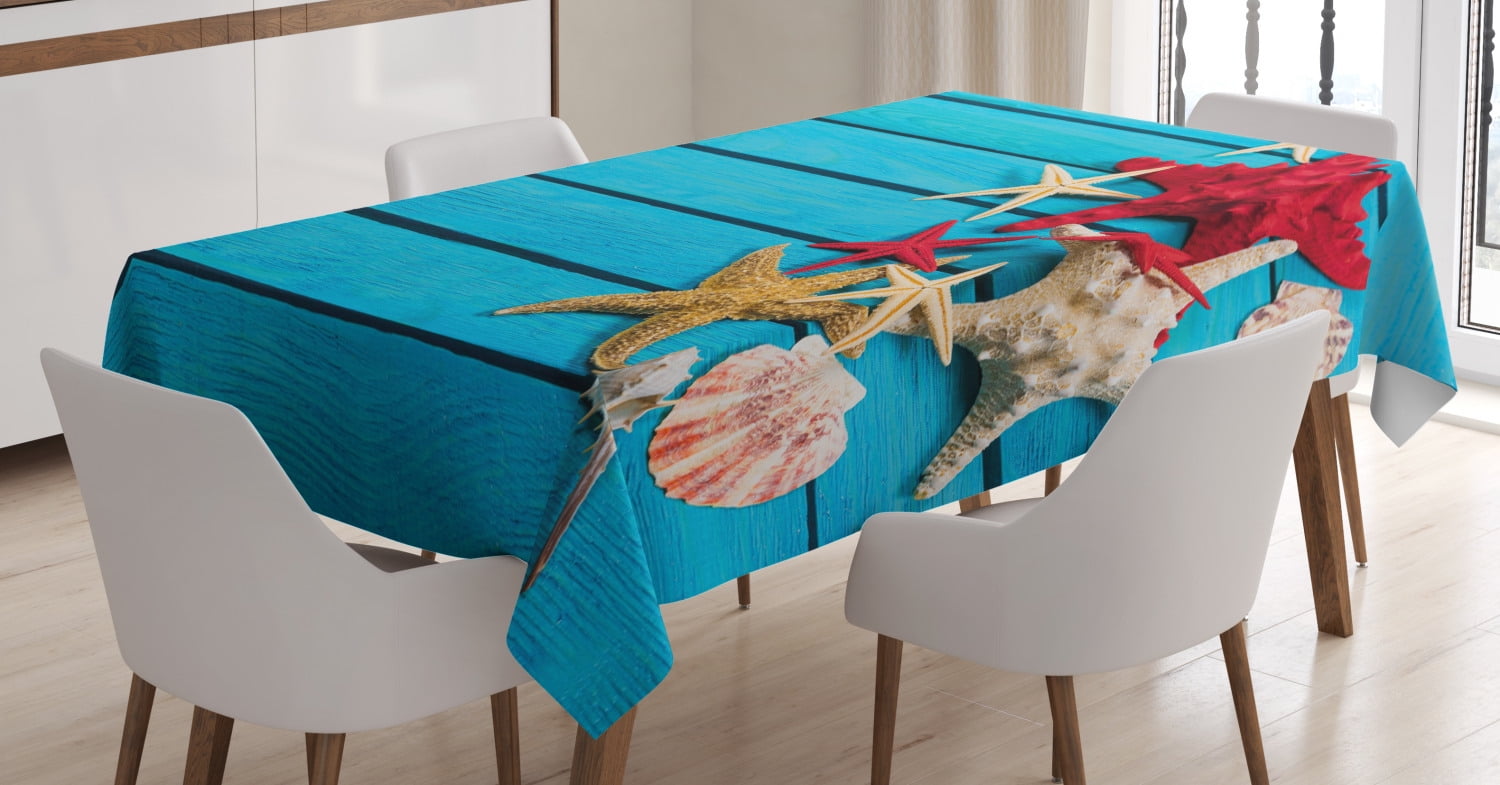 Starfish Decor Tablecloth, Different Types of Starfishes Scallops on