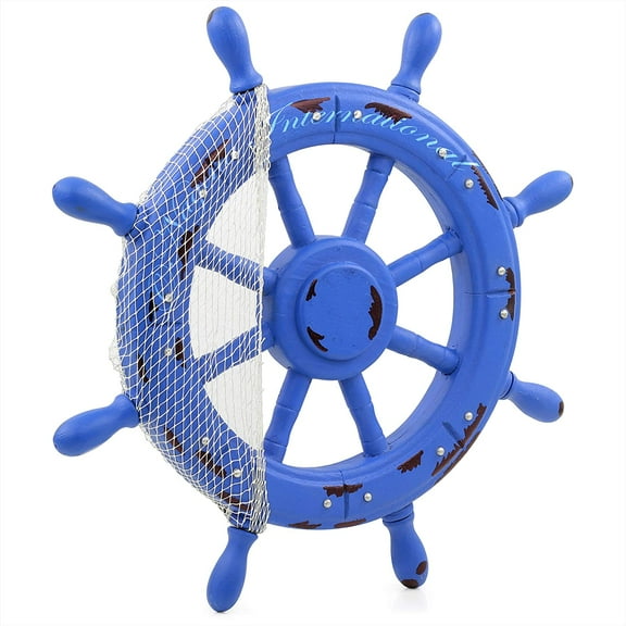 Nautical Blue Ship Wheel Antique Vintage Style With Rivets & Mediterranean Fishing Net Styled With Black Spots Graffiti Art | Maritime Captains Ocean & Sea Gifts & Wall Sculptures (18 Inches)