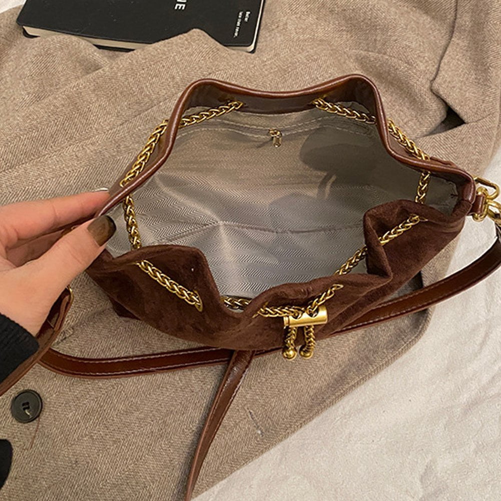 Jiibva Soft Suede Crossbody Bags Drawstring Bucket Purse For Women Thread String Women's Handbags