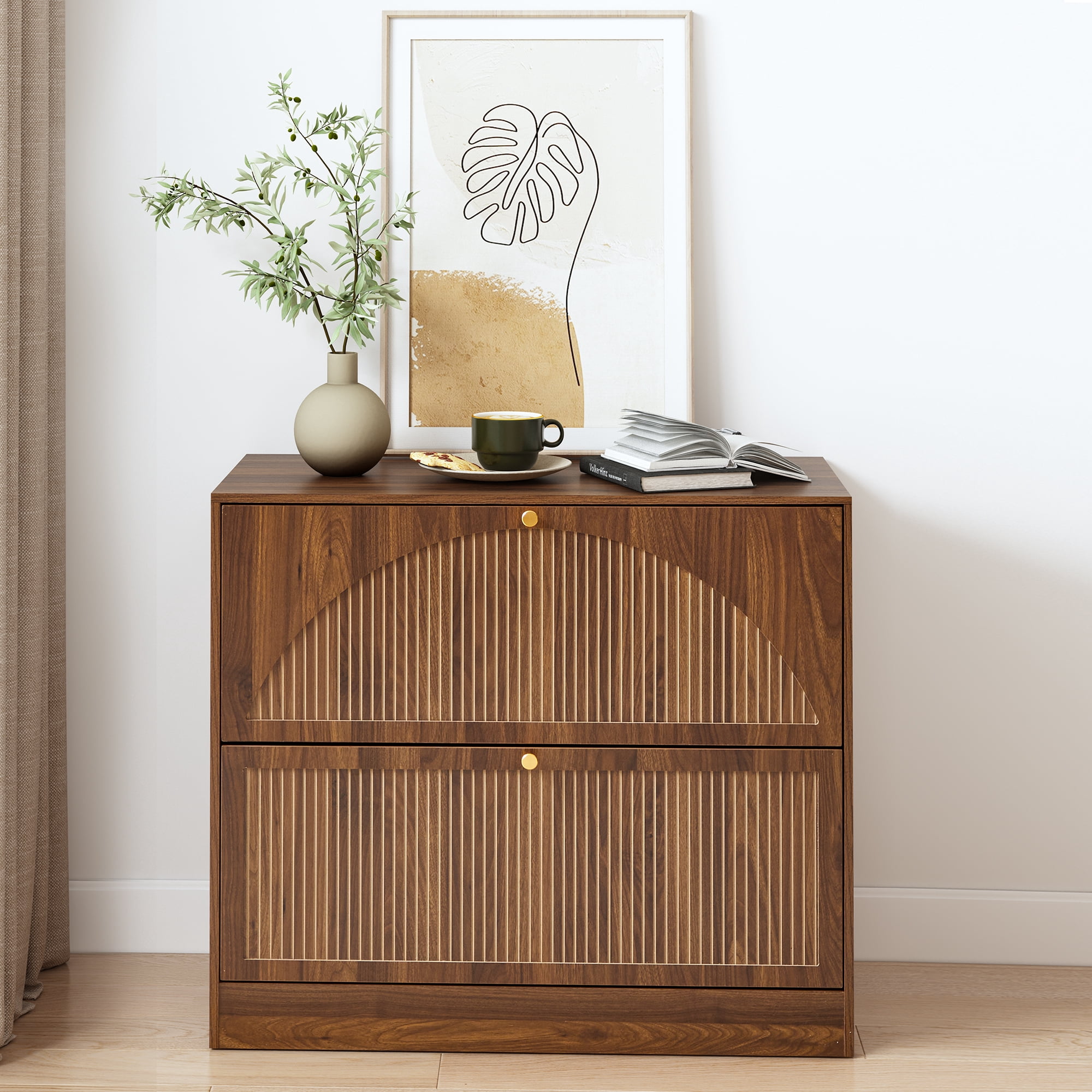 Walnut 2-Drawer Wood File Cabinet, Vertical Filing Cabinet for Letter/A4-Sized Files, Modern Fluted Design Storage Organizer, Easy to Assemble for Home Office