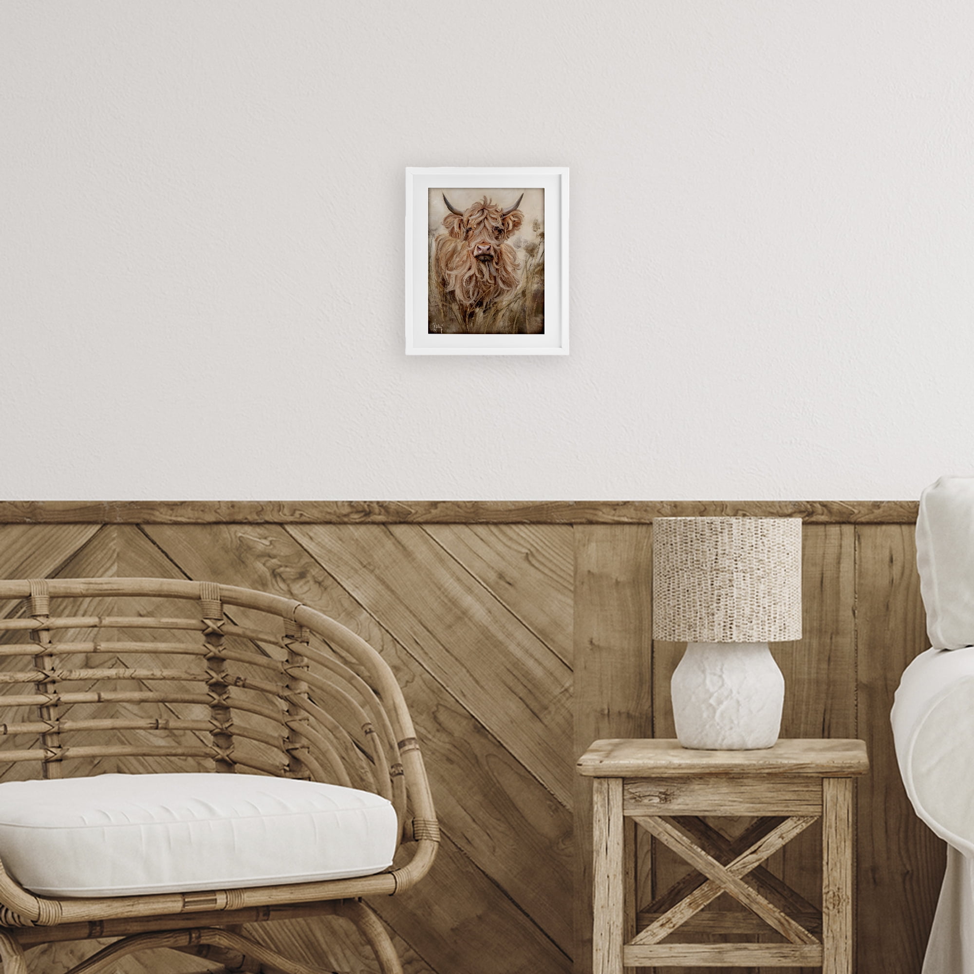Curly Haired Highland Cattle White Framed Print Under Glass, design by Ashley Bradley