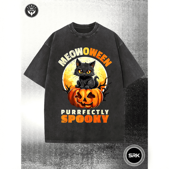 Washed Black Cat Pumpkin Meoween Purrfectly Spooky Vintage Oversized Grunge Y2K Short Sleeve Crewneck Cotton Unisex Men's Women's Tee Shirt