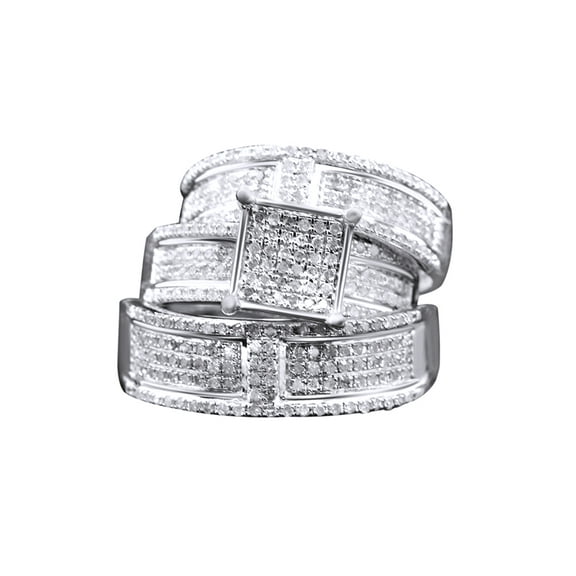 AFFY White Natural Diamond Engagement & Wedding Trio Band Ring Set In 10k White Gold (1.1 Cttw)