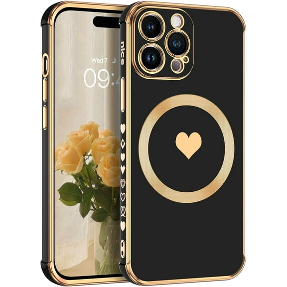 iPhone 14 Pro Max Phone Case, iPhone 14 Pro Max Case[Compatible with MagSafe][Car Mount Supported] Slim Magnetic Plating Heart Shockproof Protective Cover for iPhone 14 Pro Max, Black Golden