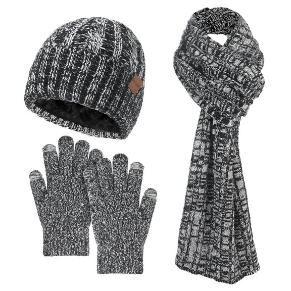Bocaoying 3 in 1 Winter Beanie Hat Scarf Gloves Set for Men Women, Soft Fleece Knit Hat Warm Touchscreen Gloves Long Neck Scarf, Mens Beanie Long Scarf Fleece Lined Skull Caps Gifts for Cold Weather