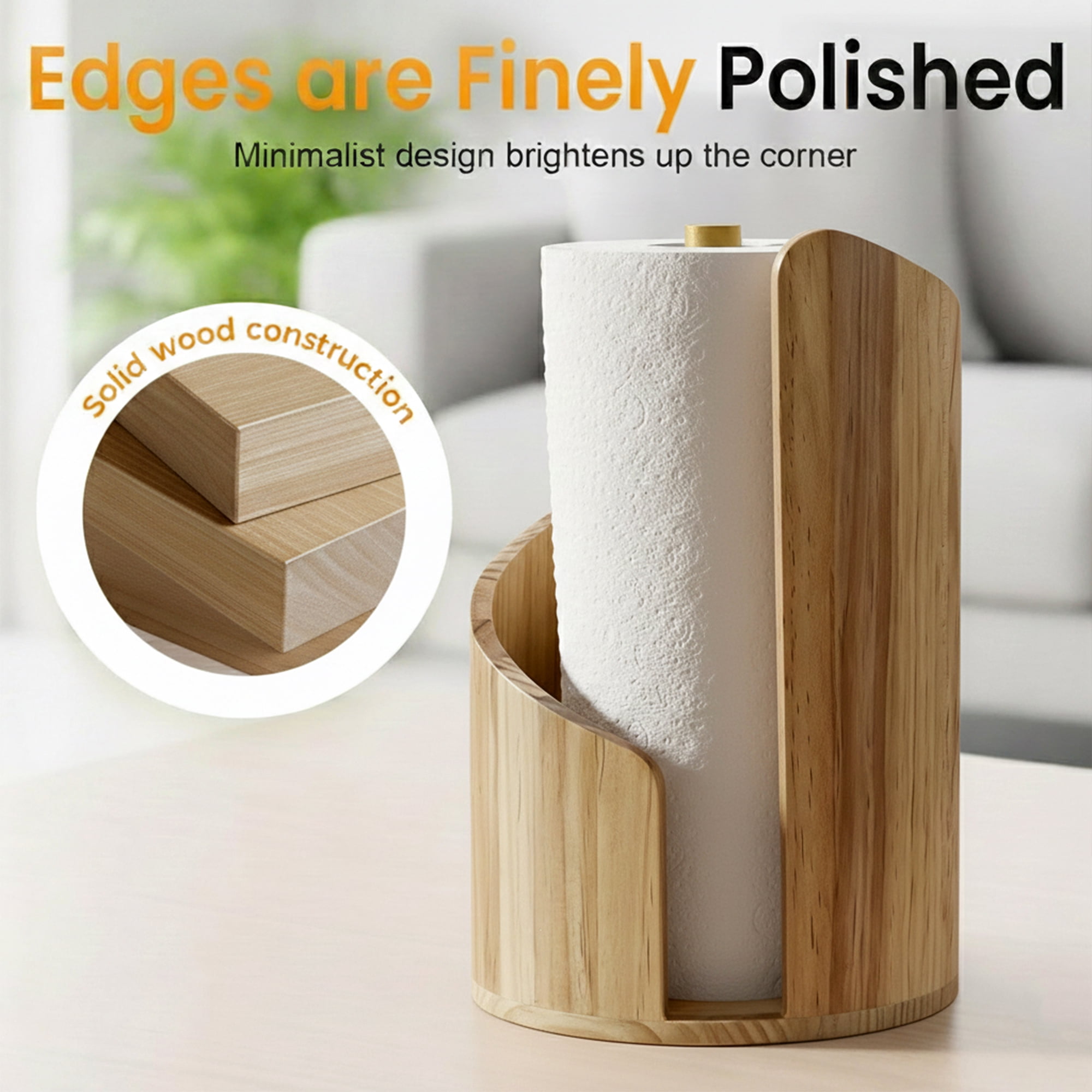 Standing Pine Wood Paper Towel Holder, 11.5" Countertop Dispenser Fits Jumbo Rolls, Modern Semi-Enclosed Design for One-Handed Tear, Brown/Natural/Black