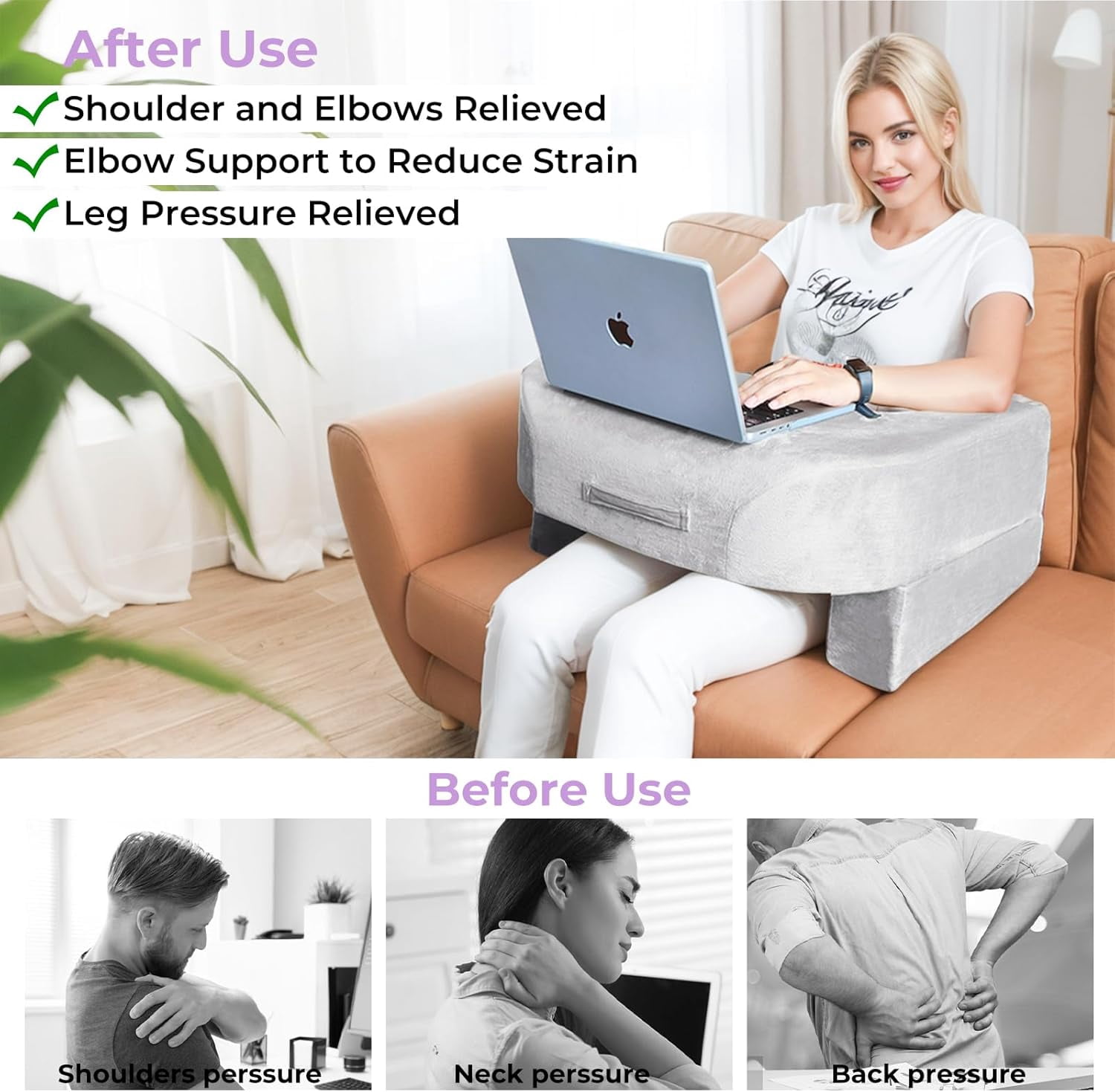 Reading Pillow for Lap, Armrest Gaming Pillow for Working, Hight Adjustable Lap Desk Pillow for Adult Sitting in Bed Sofa Floor (Light Grey)