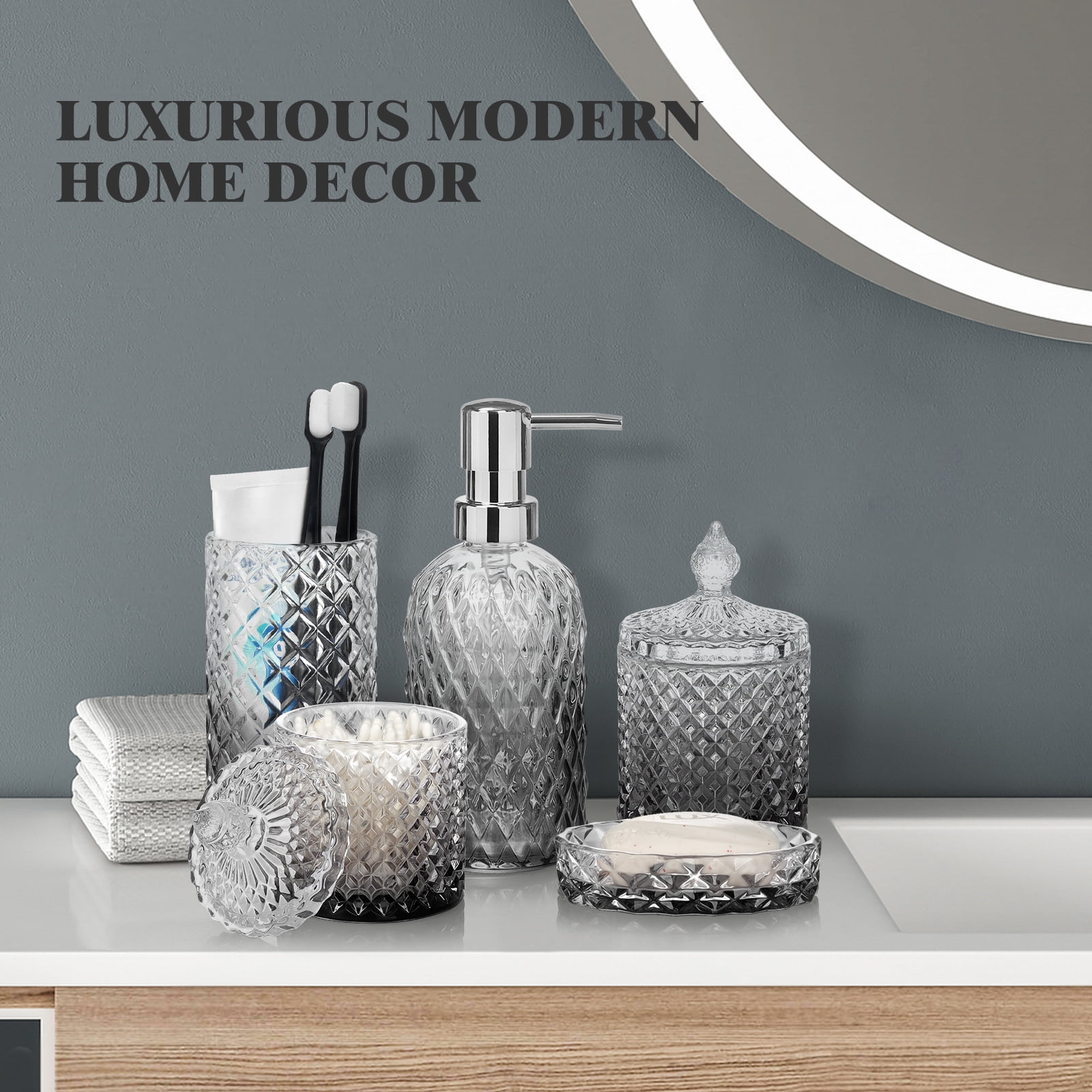 Bathroom Soap Dispenser Set, 5-Piece Glass Bathroom Accessories, Modern Bathroom Decor, Bathroom Glass Accessories Set, Gradient Light Gray