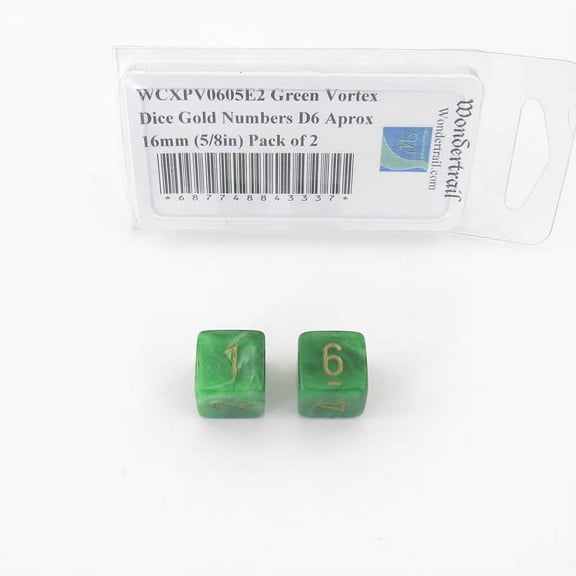 Green Vortex Dice with Gold Numbers D6 Aprox 16mm (5/8in) Pack of 2 Wondertrail