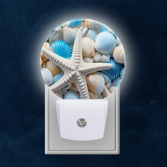 Night Light Plug into Wall,Dusk to Dawn Sensor Auto-On/Off for Bathroom, Hallway,Kids Room-White And Blue Seashells With Starfish Scattered