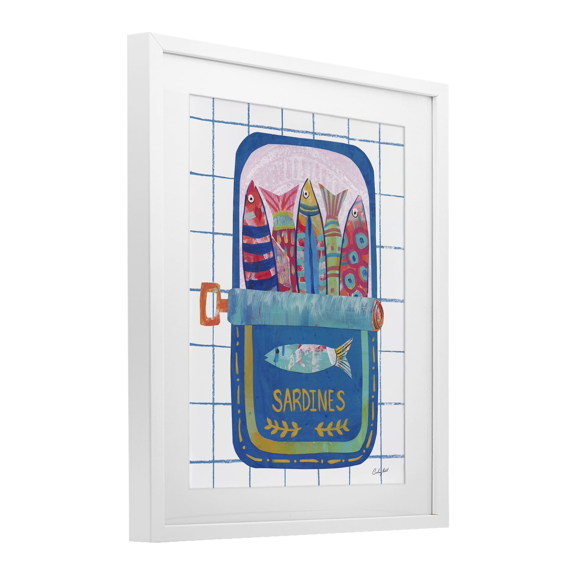 Stupell Industries Silly Sardines Blue Tin White Framed Print Under Glass, design by Courtney Prahl
