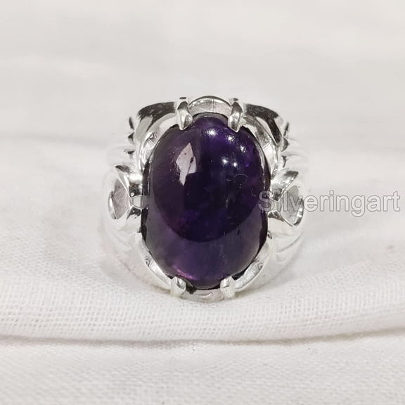 Amethyst Mans Ring, Natural Amethyst, February Birth, Silver Jewelry, 925 Silver Ring, Birthday Gift, Heavy Mens Ring, Arabic Design, Ottoman Style Ring, Christmas, Turkey Mens Signet Ring