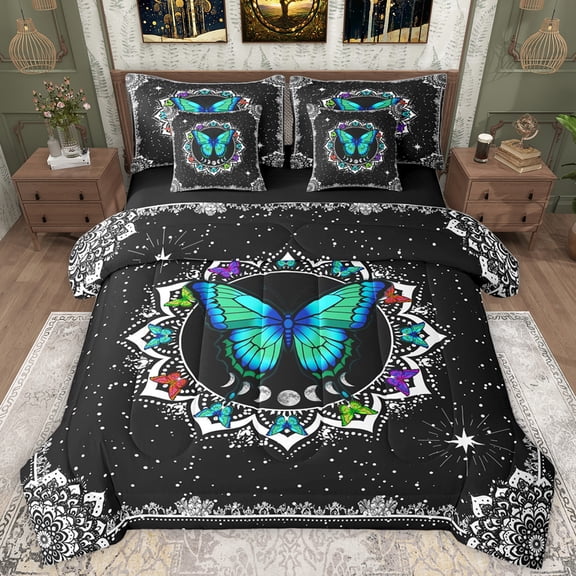 Homewish Colorful Butterflies 7-Piece Twin Bedding Sets,Retro Flower Floral Bedding Comforter Set,Boho Moon Sun Sheet Sets For Boys Girl,Super Cozy Room Decor Reversible