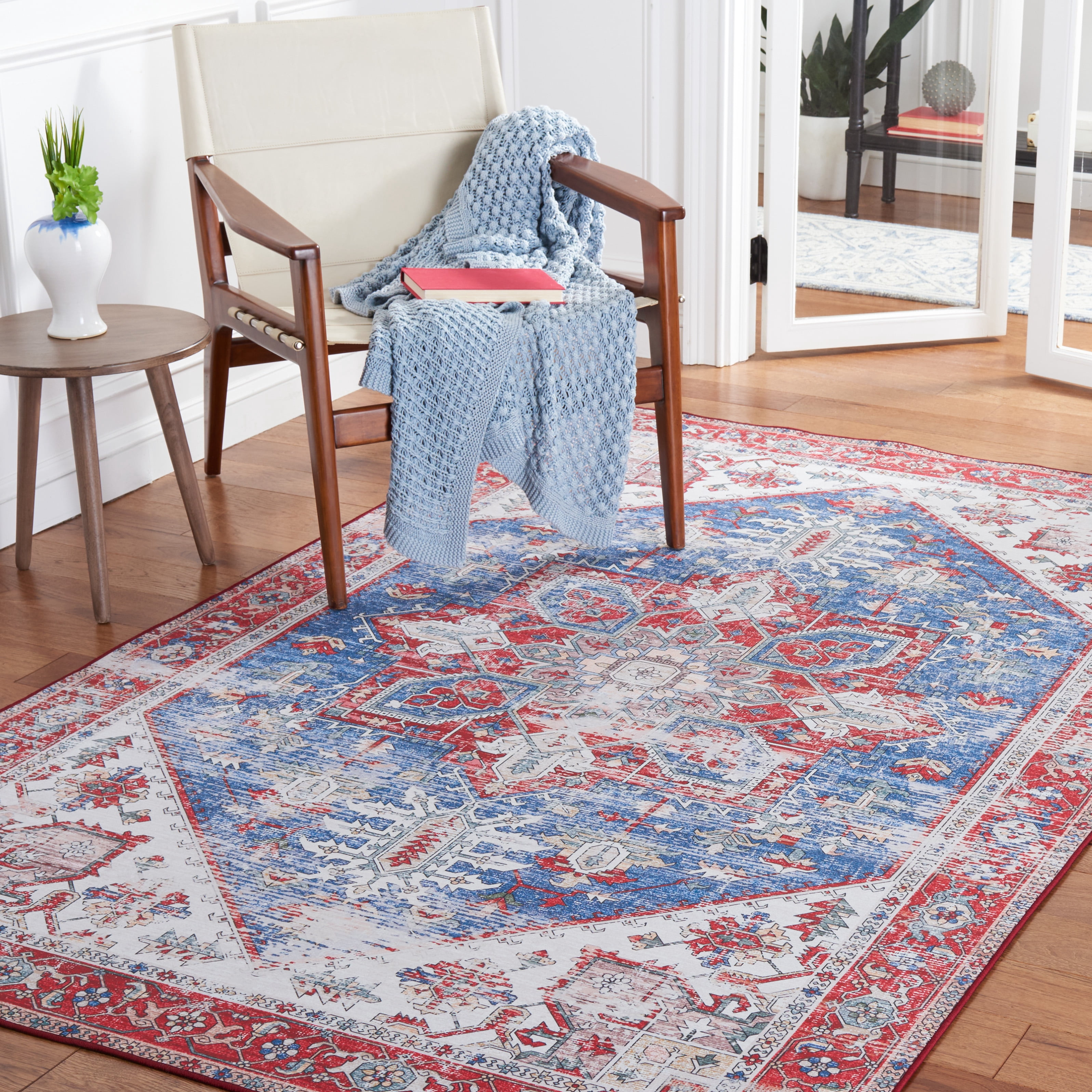 Safavieh Tucson Jayla Oriental Machine Washable Area Rug, Blue/Red, 9' x 9' Square