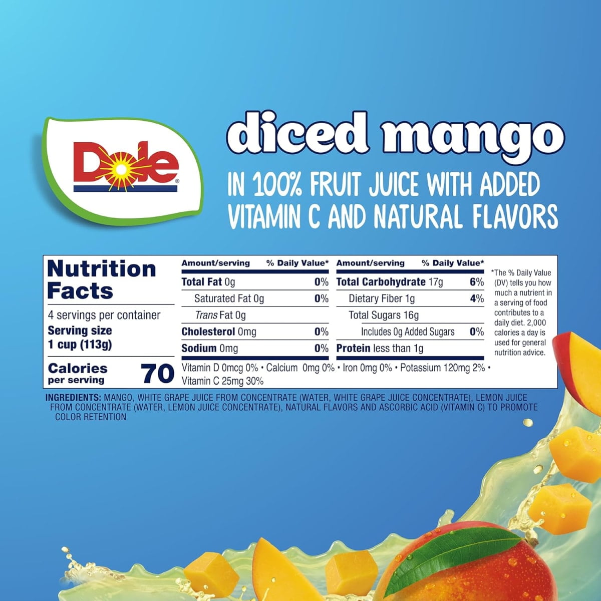 (3 pack) Dole Fruit Bowls Diced Mango in 100% Juice, 4 oz Cups (4 Pack)