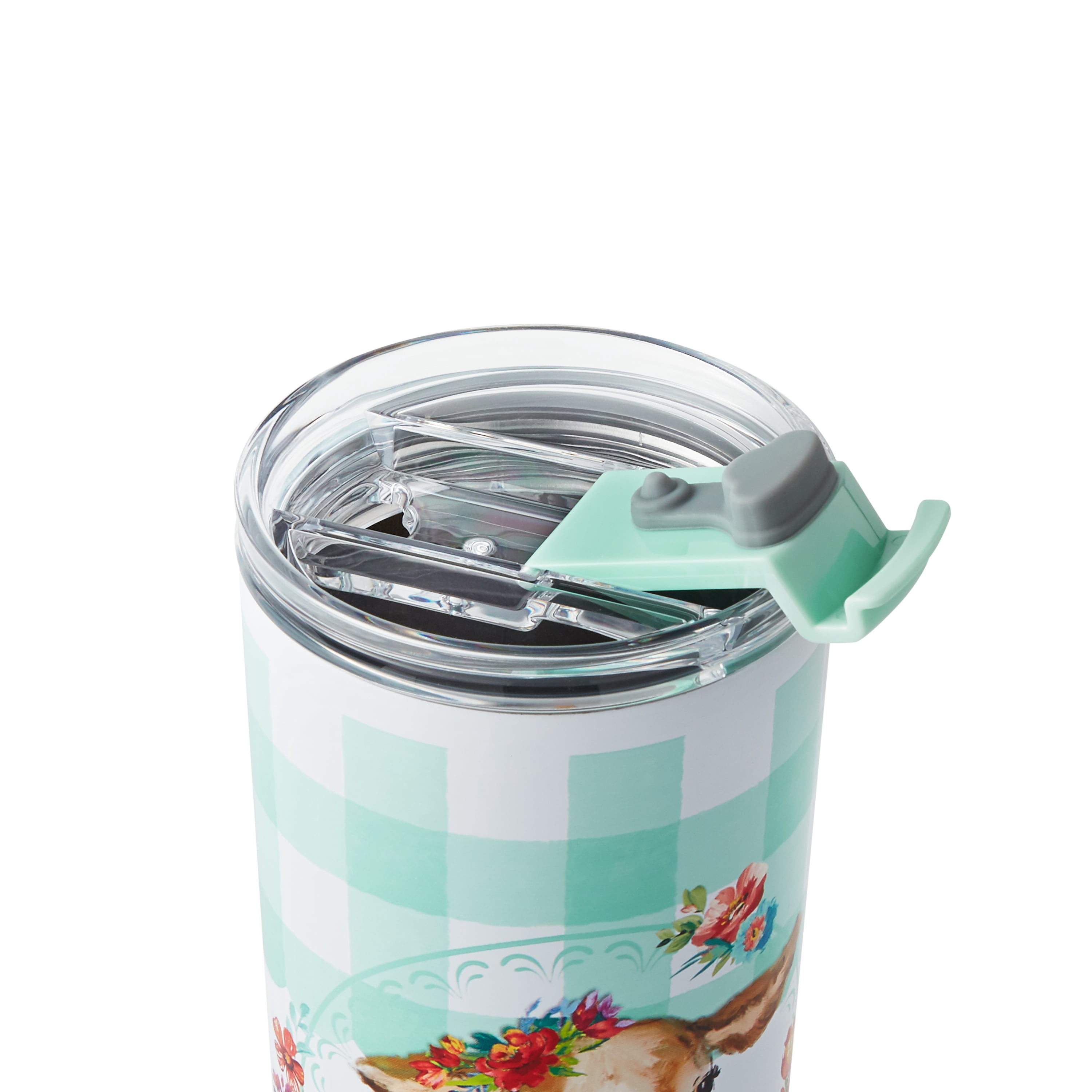 The Pioneer Woman Gingham Cow 27 fluid ounce Stainless Steel Tumbler with Hot & Cold Lids, White