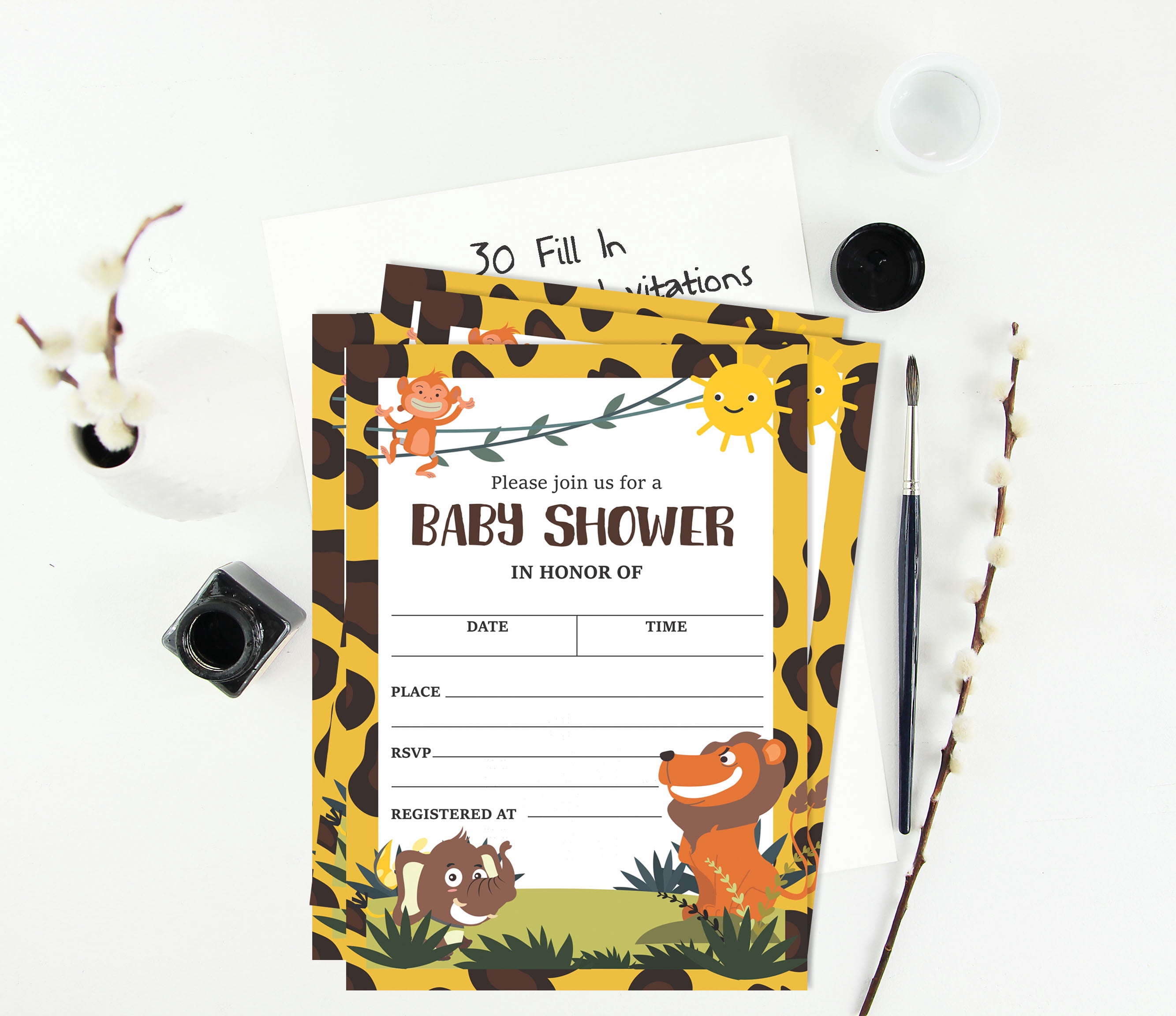 Inkdotpot 30Jungle Animals Baby Shower Invitation Cards Gender Neutral Fill In Blank Invites