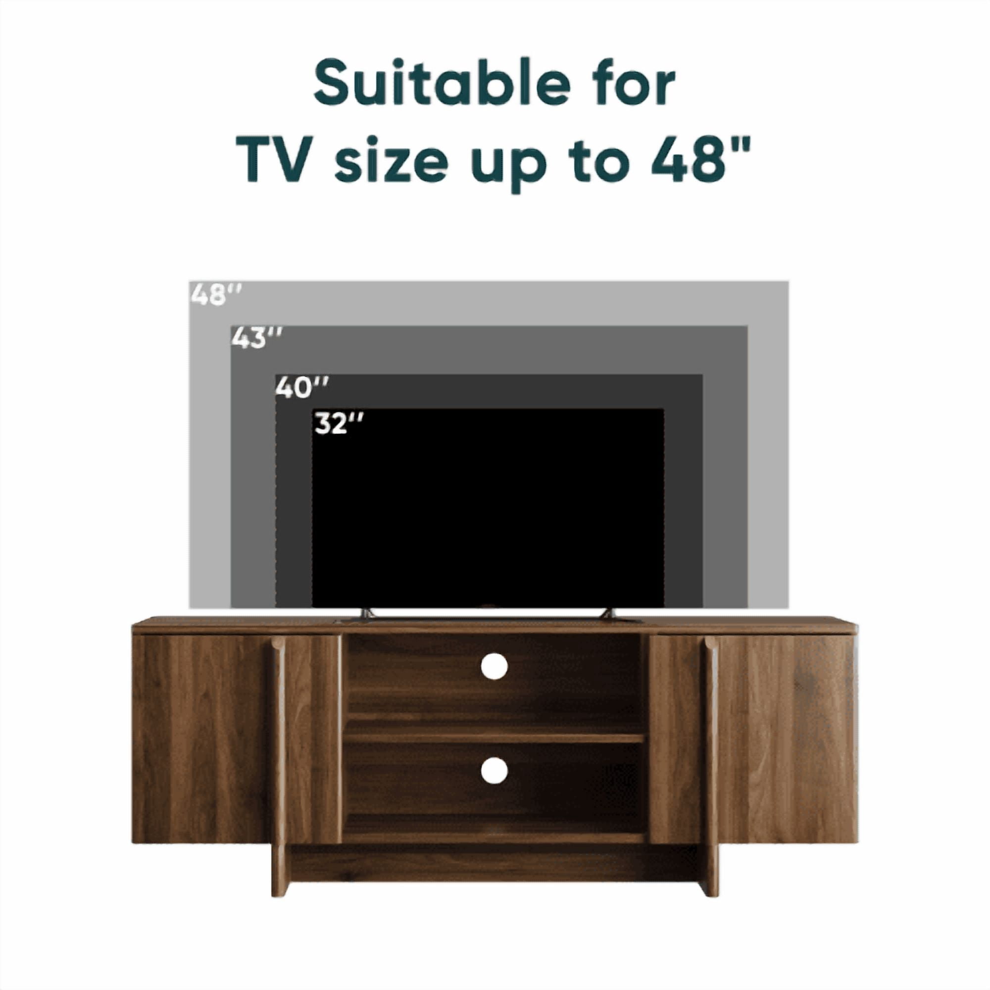 55" Mid-Century Modern Farmhouse TV Stand, Entertainment Center with Double Doors, Open Shelving, and Cable Management, Fits TVs up to 48 Inches, Walnut