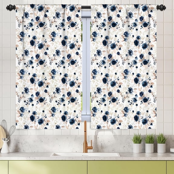 27.5 x 39 Inch Blue Floral Print Kitchen Curtains Tier Breathable Linen Rod Pocket Curtain Elegant Ink Flower Farmhouse Cafe Small Drapes Laundry Room Bathroom RV Short Window Curtains 2 Panels