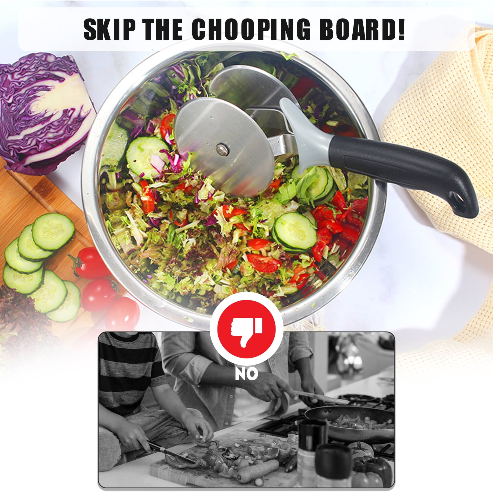 Salad Chopper Scissors, Stainless Steel Vegetable Slicer and Fruit Cutter, Salad Chopper, Heavy Duty Kitchen Salad Scissors, Multifunction Double