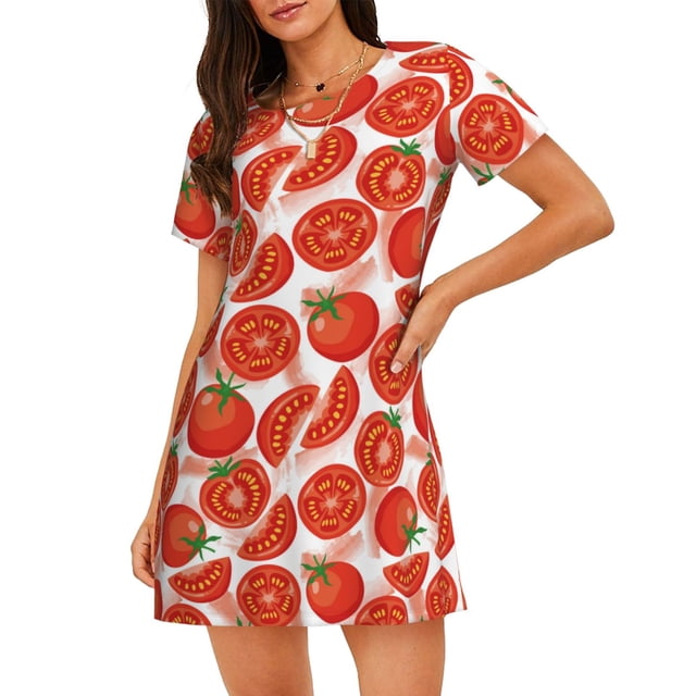 Fotbe Tomatoes Bata de Dormir para Mujer con Estampado, Camisón de Algodón de Manga Corta, Ropa de Dormir Casual