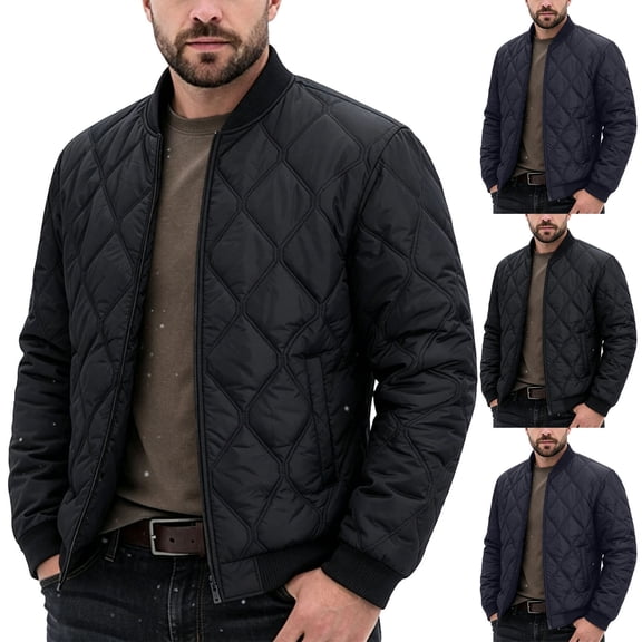 Zenithor Men's Quilted Bomber Jacket Full Zip Baseball Collar Long Sleeve Casual Loose Warm Outerwear Fall Winter Pockets Coats Black(XS-2XL)