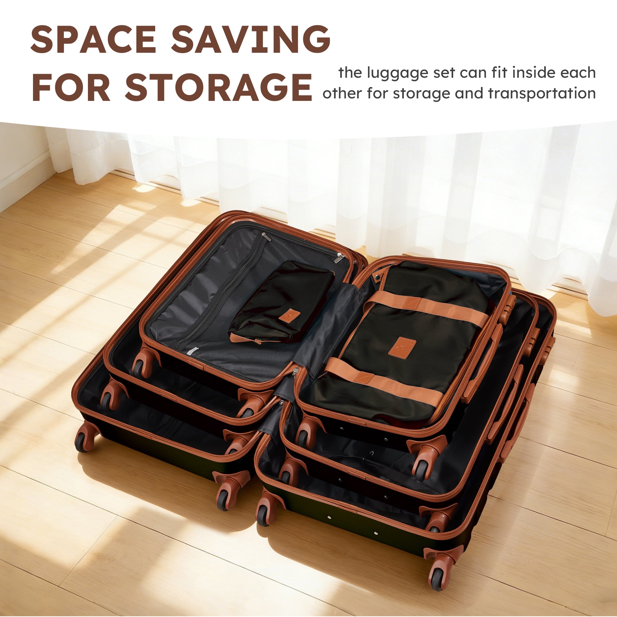 5 Piece Luggage Set,20/24/28 inch Hardshell Lightweight Carry-on and Checked Suitcase with Expandable Travel Duffle Bags,Black Tan